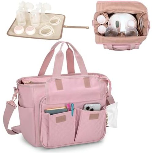 LUXJA Breast Pump Bag Compatible with Spectra S1 and S2 (with a Waterproof Mat), Pumping Bag for Breast Pump and Extra Parts, Pink