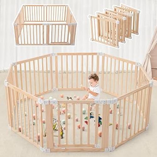 Foldable Wooden Playpen-61"x61"x25"-Large Baby Gate Playpen with Child-Proof Lock-Easy Assembly, Portable Design for Babies & Toddlers- Shape& Size Adjustable Baby Fence Play Area(Wood, 8 Panel)