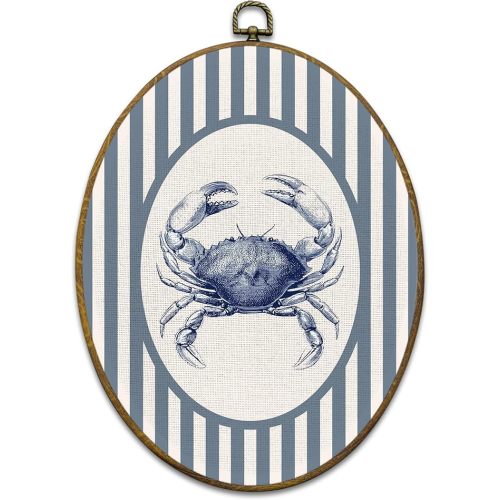 Mcehtle Coastal Beach Crab Wall Art Decor, Ocean Beach Nursery Framed Canvas Prints 8.6x11.4, Blue Striped Crab Ocean Oval Wall Hanging Artwork Decorations for Kids Nursery Room Bedroom Home