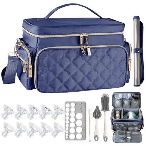 Breast Pump Bag Kit for Spectra S1/S2, Pumping Bag with Bottle Brush Set, 10Pcs Flange Inserts for 24mm Flange, Nipple Ruler, Waterproof Mat, Pump Carrying Case for Work Travel, Navy Blue