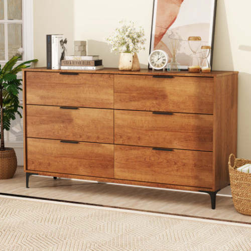 COSTWAY 6-Drawer Dresser With Interlock System for Bedroom Living Room-Cherry