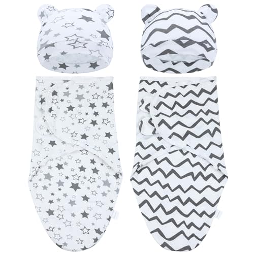 Cinaci 2 Pieces Adjustable Soft Cotton Baby Swaddle Sleep Sacks Hats Newborn Nursery Caps Beanies Bonnets Swaddle Blanket Wraps for Baby Girls Boys Infants Newborns (2PCS S12)