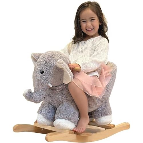 Rocking Horse Elephant, Baby Animal Rocker, Rocking Horse with Seat, Ride on Horse, Plush Rocking Horse with Sweet Music, Wooden Rocking Horse for Toddlers 1-3, (Gray Elephant), CPC Certified