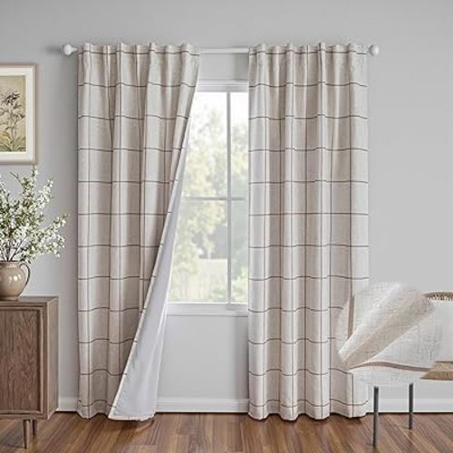 MYSKY HOME 100% Blackout Brown Plaid Farmhouse Linen Curtains 84 Inch Long 2 Panels Set Checkered Drapes Double Layer Thermal Insulated Privacy Protection Living Room Back Tab, 52" W Each Panel