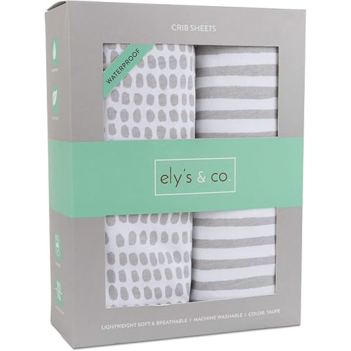 Ely’s & Co. Waterproof Crib Sheet/Toddler Bed Sheets – All-in-One Mattress Protector and Fitted Sheet – Soft Jersey Cotton, Grey Splash & Stripes, Gender Neutral Nursery Bedding Essential – 2-Pack