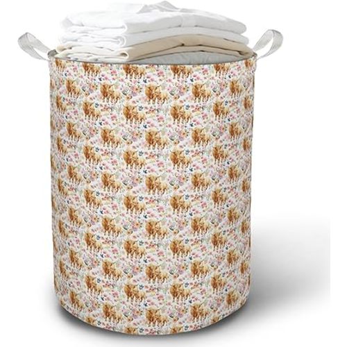 Floral Highland Cow Laundry Basket Hamper, Highland Cow Nursery Decor, Cows and Calf Foldable Clothes Toys Books Storage Box Bins Baskets Organizer for Girls Kids Bedroom Bathroom