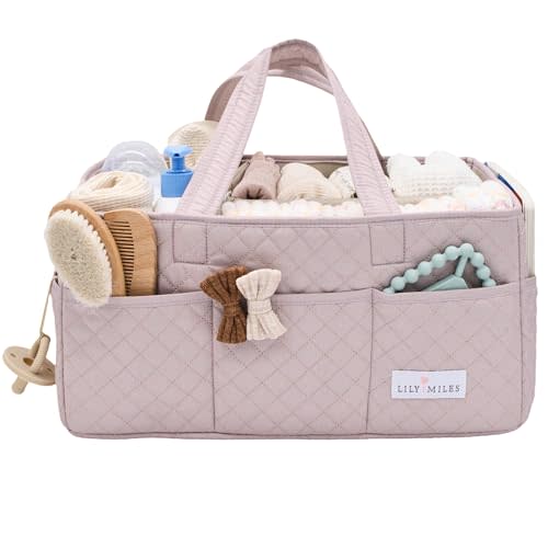 Lily Miles Baby Diaper Caddy Organizer, Quilted Nursery Storage Organizer for Newborn Essentials and Diaper Changing Station, Gift for Baby Shower and Registry Must-Have (Rosy Lilac)
