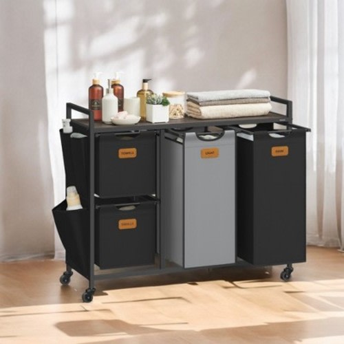 LEDREM Chestnut Brown, Ink Black and Dove Gray 39.6 Gal.  4 - Compartment Laundry Hamper. A rolling laundry cart with shelves and 6 labels.