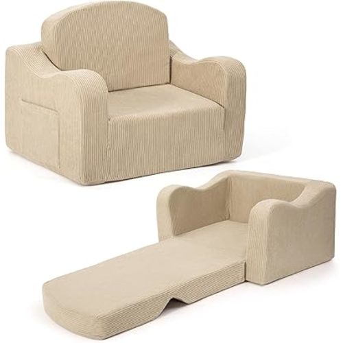 Comfy Toddler Chair for Kids, 2-in-1 Toddler Soft Plush Couch Fold Out, Convertible Kids Couch to Lounger, Baby Sofa for Boys and Girls, Beige