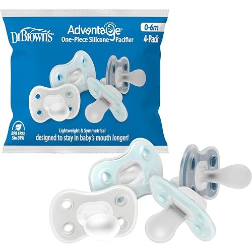 Dr. Brown's Advantage One-Piece Silicone Baby Pacifier, Fully Symmetrical Soother, Blue/Gray/Light-Blue, 0-6M, BPA-Free, 4-Pack