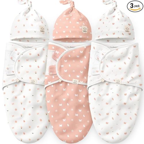 KeaBabies 3-Pack Swaddles for Newborns, Girls, Boys with Hats - Organic Soft Baby Sleep Sacks, Breathable Baby Swaddle 3-6 Months Beanies Set, Premie Infant Sleep Sack 0-3 Months (Butterflies)