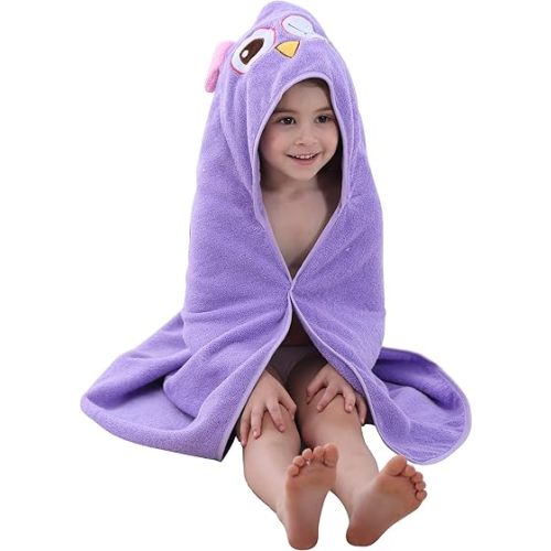 MICHLEY Toddler Hooded Bath Towels for 0-6T, Baby Essentials Cotton Absorbent Kids Washcloth (Owl)