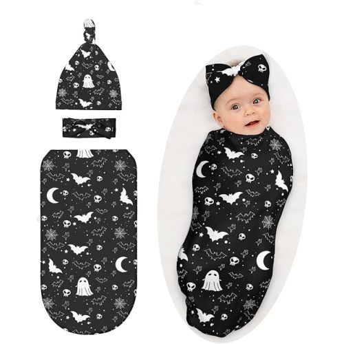 Gothic Halloween Swaddle Blanket with Headband and Beanie Set, Goth Baby Stuff Receving Blanket Infant Shower Gift for Boys Girls