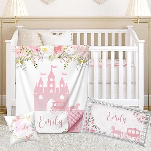 Custom Crib Bedding Set for Baby Girls, Personalized Princess Castle Baby Crib Sets with Name, Dotted Backing Blanket, Fitted Sheet, Pillowcase, 3 Piece Nursery Crib Set for Newborn Infant Toddler