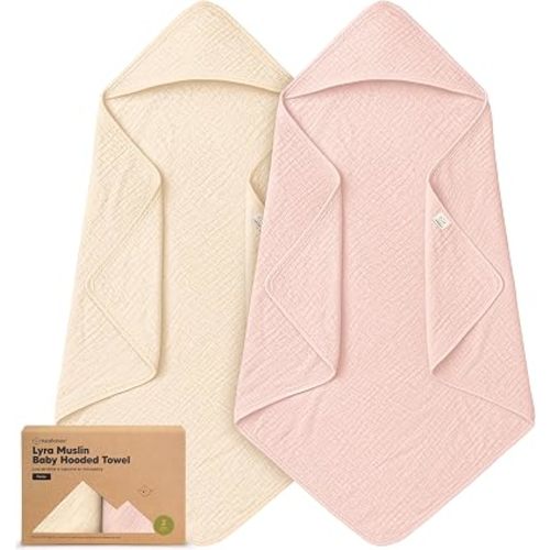 KeaBabies 2pk Muslin Hooded Baby Towels for Newborn, Kids (Cameo, 30x30) | Soft Absorbent Organic Cotton, Large Baby Bath Towels with Hood, Toddlers, Infant, Baby Girls, Boys Bath Essentials Gift Set
