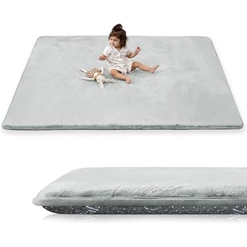 1.5" Super Thick Baby Play Mat for Floor, 79x118 Pro Soft Flannel Foam Mats for Toddler Infant Kids Crawling for Nursery Rug Playroom Living Room Waterproof Easy Care Non-Slip (Light Grey)