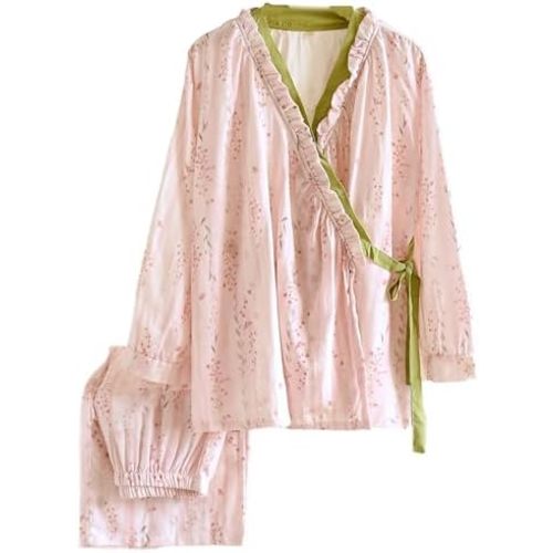 Womens Floral Cotton Pajama Set – Soft Sleepwear with Kimono Wrap Top & Elastic Waist Pants