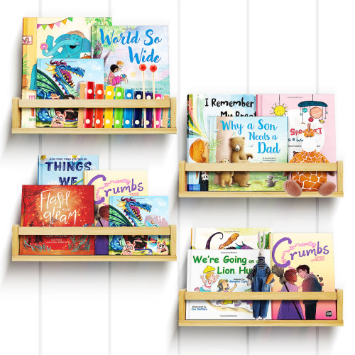 Set of 4 Floating Book Shelves for Wall, Nursery Book Shelf for Kids Room, Bamboo Wood Hanging Bookshelf for Baby Teen Boys Girls, Wall Mounted Shelves for Bedroom Bathroom Decor