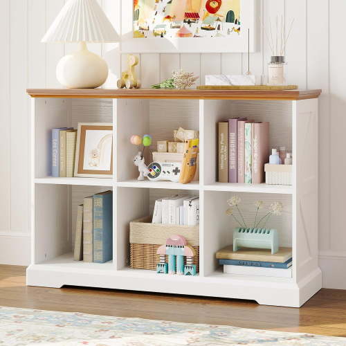 IRONCK 6 Cube Storage Organizer, Wooden Cube Shelf with Storage, Farmhouse Bookcase for Bedroom, Living Room and Home Office, White