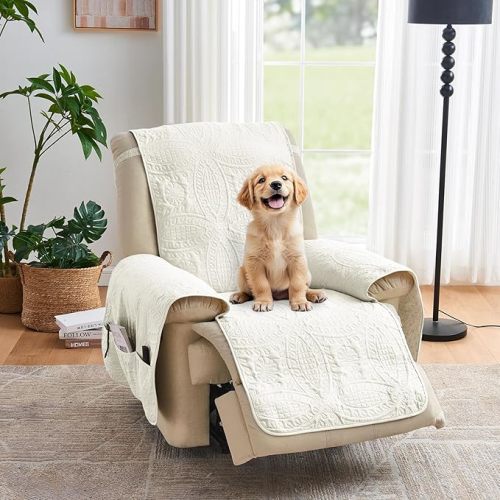 Large Ivory Recliner Chair Covers, Quilted Décor Water-Repellent Lazy Boy Chair Covers, Pet Friendly Large Recliner Cover for Dogs Cats, Washable Couch Cover (Recliner 30", Ivory White)