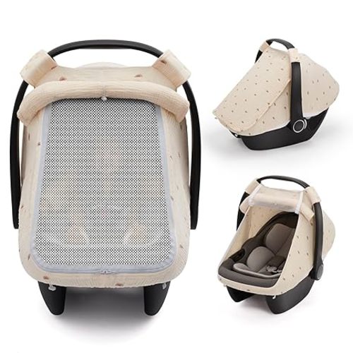 Blissful Diary Baby Car Seat Cover, Extra Large Mesh Window, Breathable Muslin Cotton, Infant Windproof Canopy, Agreeable Gray