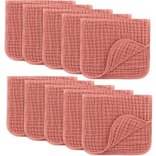 Comfy Cubs Muslin Burp Cloths 20" x 10", Pack of 10 - Large, 6-Layer, Ultra Absorbent 100% Cotton for Baby Drool and Messes - Soft, Safe & Gentle Baby Burp Cloths for Boys & Girls - Dusty Rose