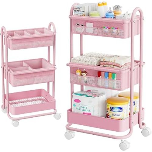 Modanais Baby Diaper Caddy Organizer Cart - 3 Tier Rolling Cart, Pink