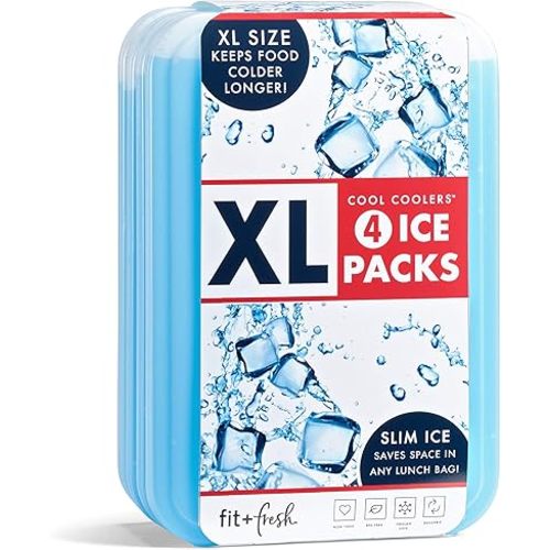 Cool Coolers by Fit & Fresh 4 Pack XL Slim Ice Packs, Quick Freeze Space Saving Reusable Ice Packs for Lunch Boxes or Coolers, Blue, 239ICE, 4 count (Pack of 1)