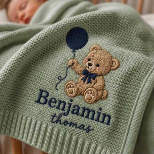 Personalized Teddy Bear Balloon Embroidered Baby Blanket, Woodland Cabin Nursery Keepsake, Gift For Baby, Nursery Keepsake, Newborn Gift