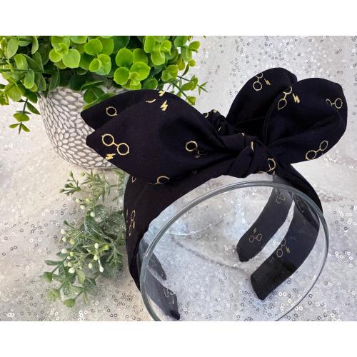 Wizard Glasses Bow Headband: Black & Gold Magical Hair Accessory