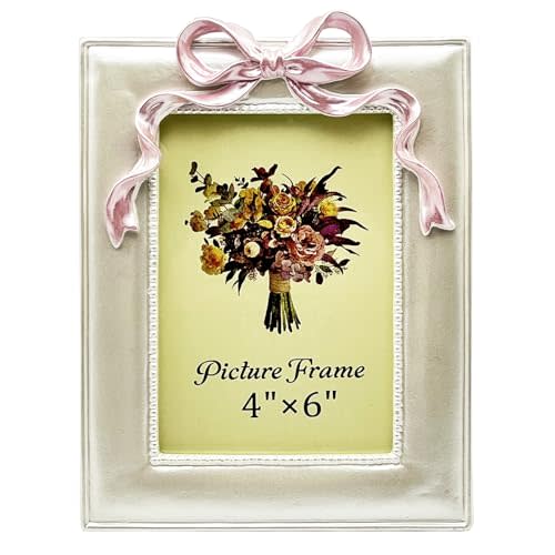 JANDERART Vintage Picture Frame 4x6 Inch, Ornate Cute Photo Frames with Glass Front, Pink Bow Design, Tabletop & Wall Hanging, Girls Room Decor, Gift Ideas, Pearly White