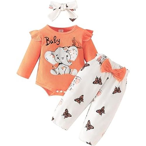 Baby Girls Summer Outfit Short Sleeve Romper Tops Floral Cattle Print Flared Pants Headband Toddler Baby Clothes Set