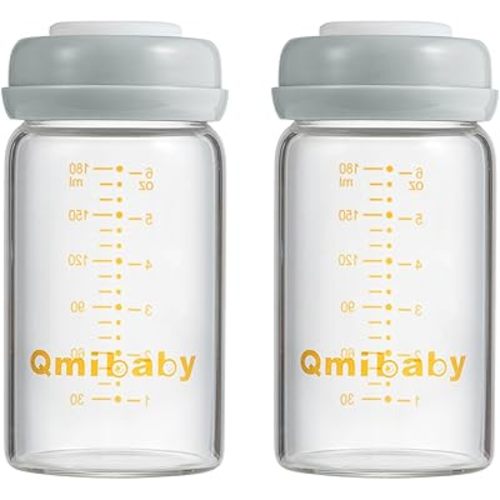 Glass Breastmilk Storage Bottles 180ml 6oz BPA-Free Leak-Proof Natural Baby Bottle for Breastmilk Storage Wide Neck Bottles with Screw Ring Sealing Disk Breastfeeding (Grey, 180ml-2Packs)