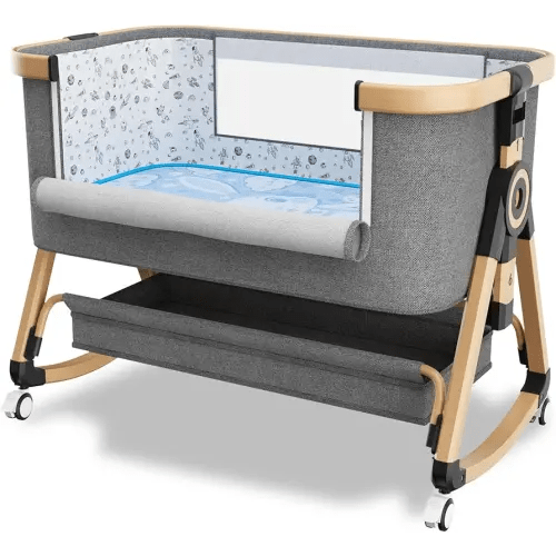 3 in 1 Baby Bassinet,Bedside Sleeper with Storage Basket and Wheels,Portable Baby Crib with Mosquito Net, 6 Adjustable Height & Breathable Mesh,Easy to Fold (Brown&Black)