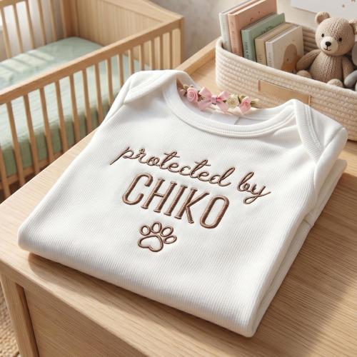 Protected By Pet Embroidered Baby Onesie - Custom Pet Name Bodysuit for Newborn - Natural Bodysuit with Dog Paw For Baby Girl/Boy