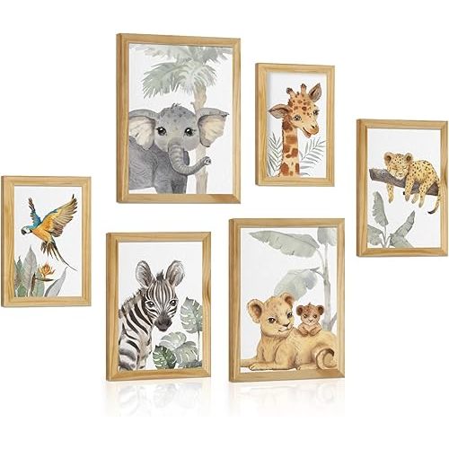 HLJ ART Safari Animal Wall Art Print for Boys and Girls: Jungle Nursery Pictures Framed Set of 6 for Baby Room Decor