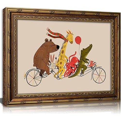 Vintage Gold Framed Wall Art Colorful Animals Bike Parade Picture Nursery Wall Decor Bird Crocodile Giraffe Rabbit and Bear Pedaling Poster Painting Prints Artwork for Kids Boys Girls Room Playroom