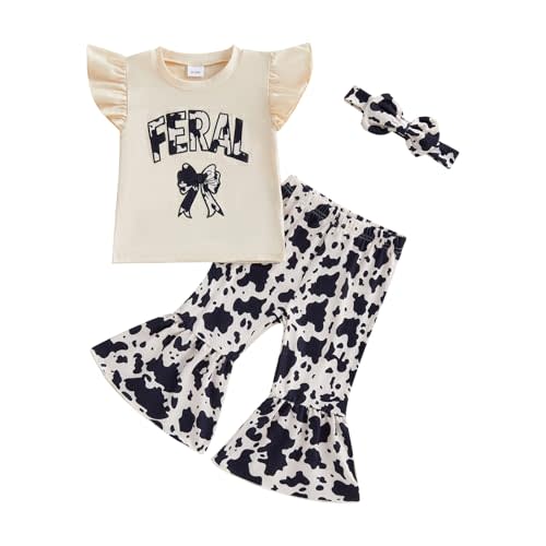 Gaono Toddler Baby Girl Hunting Camo Outfits Mallard Duck Print T-shirt Camouflage Flare Pants Set Bow Bell Bottom Outfit