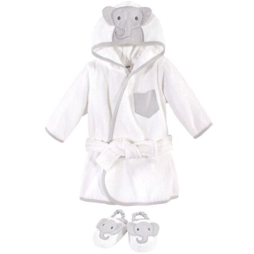 Hudson Baby Infant Cotton Animal Face Bathrobe and Slippers 2pc Set, Modern Elephant, 0-9 Months