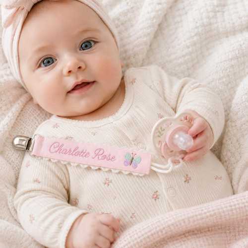 Personalized Embroidered Pacifier Clip, Custom Name Baby Holder, Grosgrain Ribbon Clasp