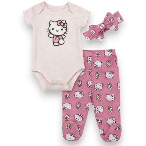 Hello Kitty Baby Girls' 3-Piece Bodysuit, Footed Pants and Headband Set, Pink Heather/Flowers, 6 Months