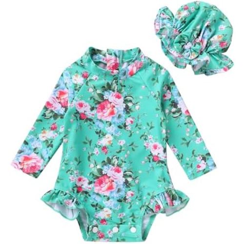 Infant Baby Girl Swimsuit One-Piece Long Sleeve Rash Guard with Hat Set Floral Zipper Bathing Suit Leopard Beach Wear