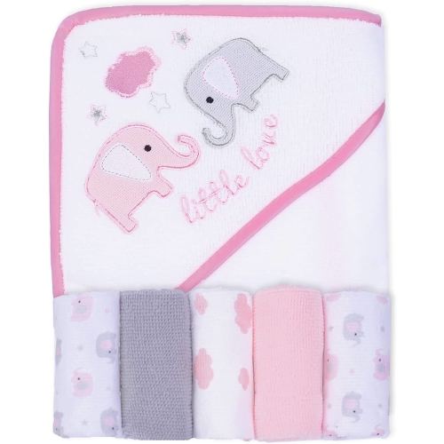 Viviland Baby Towels and Washcloths, Soft Absorbent Pink Baby Bath Towel Set, Elephant Hooded Towels with 5 Infant Face Washcloths (6 Pieces)