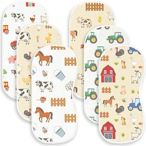 6 Pack Farm Burp Cloths Baby Boys Girls with Farm Animals Pattern, Large Cotton Burp Rags for Newborns Gifts Nursery Decor Extra Soft and Absorbent 9.8X19.6inches