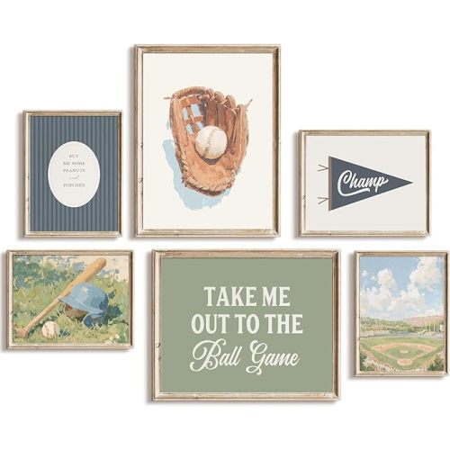6Pcs Baseball Nursery Wall Art Vintage Sports Boy Wall Decor Boys Room Poster Prints Baseball Canvas Pictures Neutral Sport Kids Room Painting for Boys Room Bedroom Playroom 8x10in Unframed