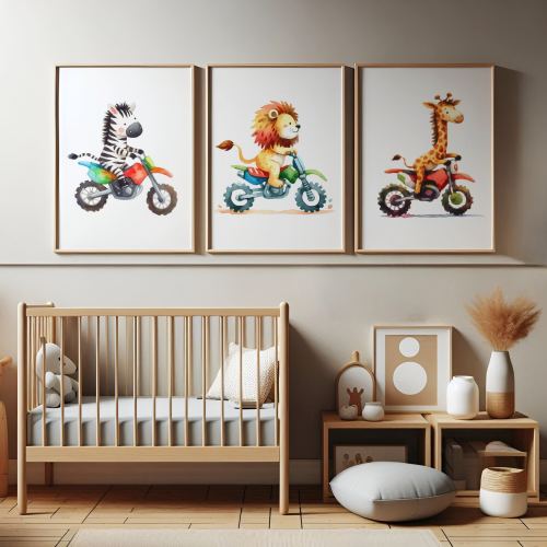 Safari Animal Nursery Prints - Set of 3 Kids Posters | Motorbike Wall Art | Animals Boys Room Dirt Bike | Playroom Decor | Baby Boy Gifts