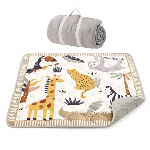 Momcozy Baby Play Mat for Floor, 50x50 Thickened Playpen Mat, Playmate for Baby Tummy Time, Waterproof & Non-Slip, Foldable Outdoor Mat with Carrying Handle, Giraffe