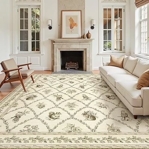 8x10 Washable Rug for Living Room, Boho Beige Floral Rugs for Bedroom, Soft Non Slip Ultra-Thin Large Rug for Kids Playroom, Classroom, Girls Dorm, Nursery, Beige