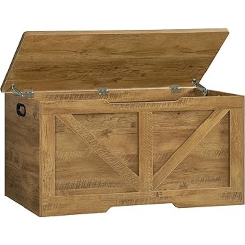 usikey Toy Box, Storage Chest with Safety Hinges, Lift Top Wooden Toy Chest, Storage Bench, for Living Room, Bedroom, Entryway, Honey Brown