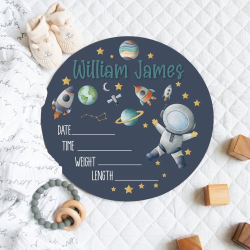 OUTER SPACE BOY Birth Stats Sign, Personalized Baby Birth Stats Sign, Round Wood Astronaut Baby Sign, Earth Planets Space Rockets Name Sign